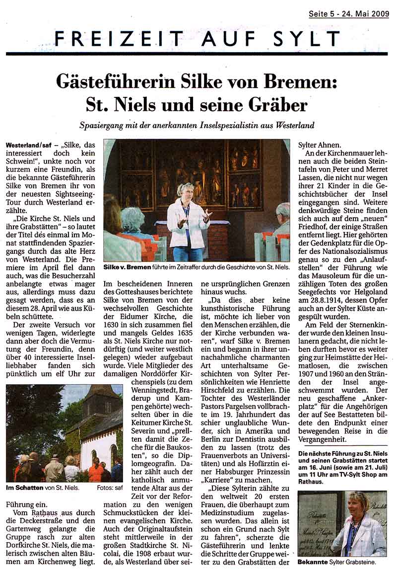 Zeitungsartikel Silke v. Bremen - ST. Niels und seine Gräber, Hallo Sylt, 24. Mai 2009