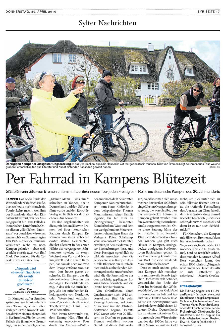 Zeitungsartikel Silke v. Bremen - Literra(d)t(o)ur, Sylter Rundschau, 29. April 2010